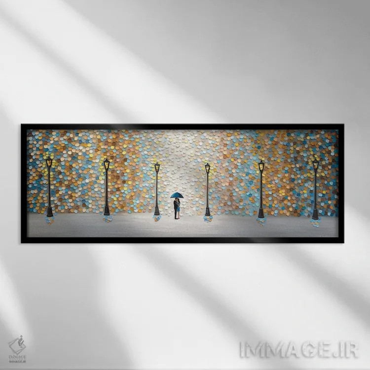 تابلو بوسه زیر باران طلایی اثر اکاترینا ارمیلکینا - نمای قابدار مشکی
