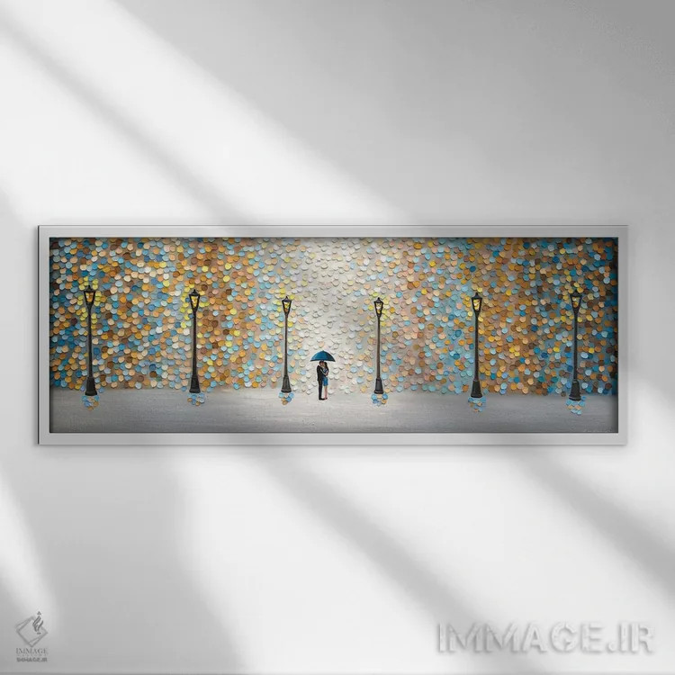 تابلو بوسه زیر باران طلایی اثر اکاترینا ارمیلکینا - نمای قابدار سفید