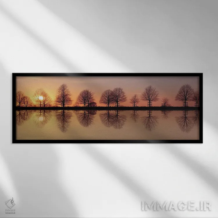 تابلو انعکاس غروب درختان زمستانی اثر آلیسون فنل - نمای قابدار مشکی