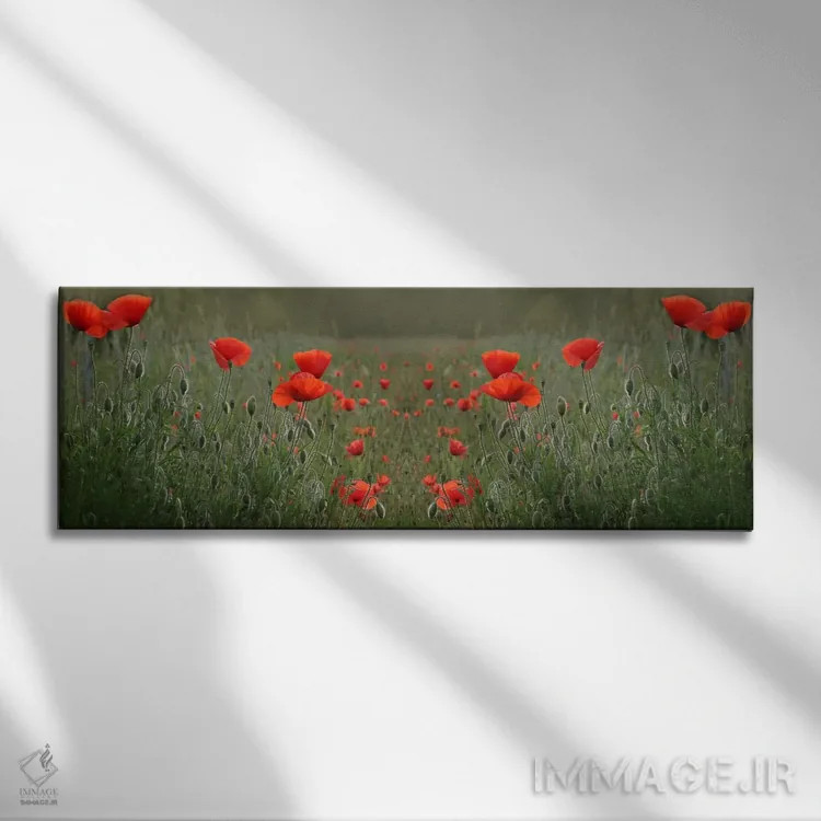 تابلو تقارن مزرعه خشخاش قرمز اثر آلیسون فنل - نمای روبهرو روی دیوار