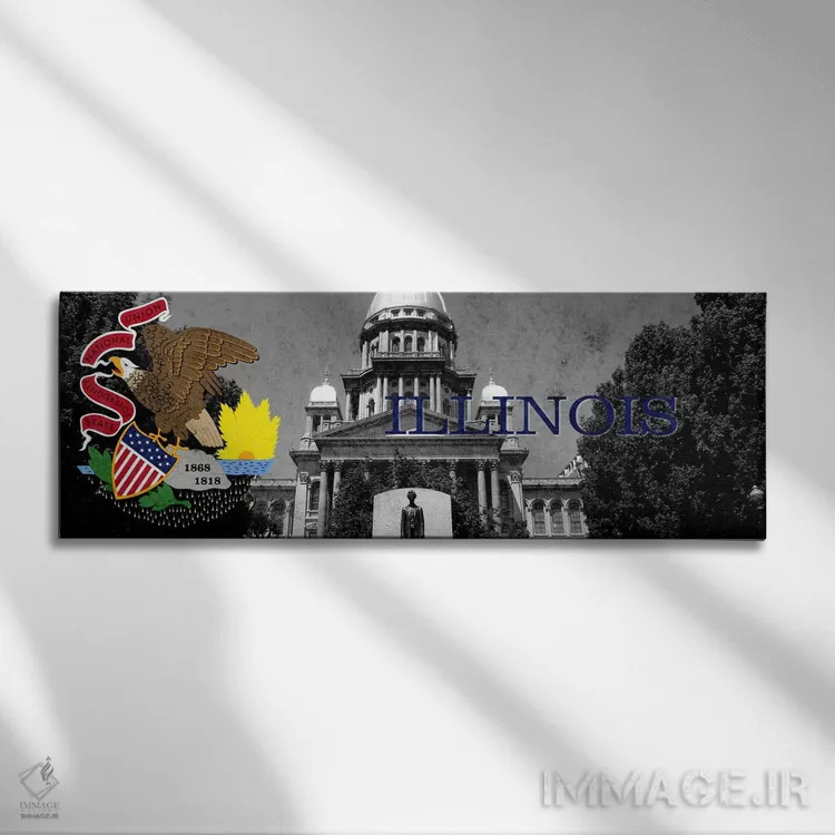 تابلو ایلینوی (ساختمان کنگره با زوم) منظرهٔ پانوراما اثر آیکانواس (شرکت چاپ هنری) - نمای روبهرو روی دیوار