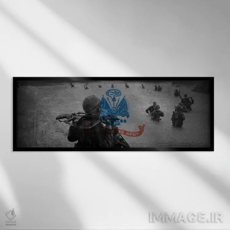 تابلو پرچم ارتش آمریکا (پسزمینه یگان در حال حرکت) اثر آیکانواس (شرکت چاپ هنری) - نمای قابدار مشکی