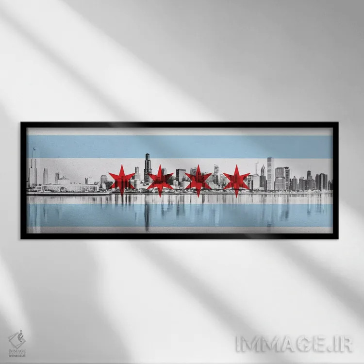 تابلو پرچم شهر شیکاگو (منظره مرکز شهر) پانوراما اثر فایو بای فایو کالکتیو - نمای قابدار مشکی