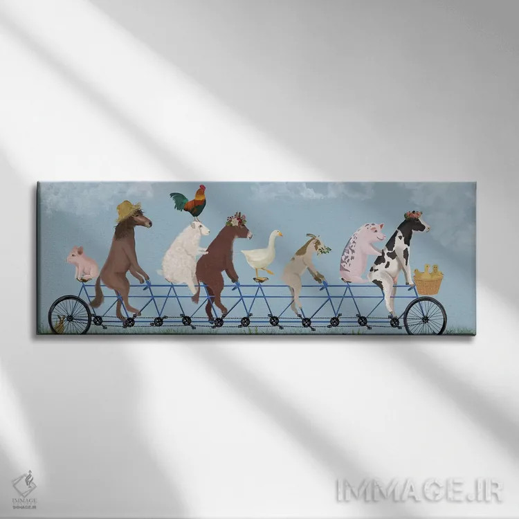 تابلو حیوانات مزرعه دوچرخهسوار دو نفره اثر فب فانکی (استودیو هنری) - نمای روبهرو روی دیوار