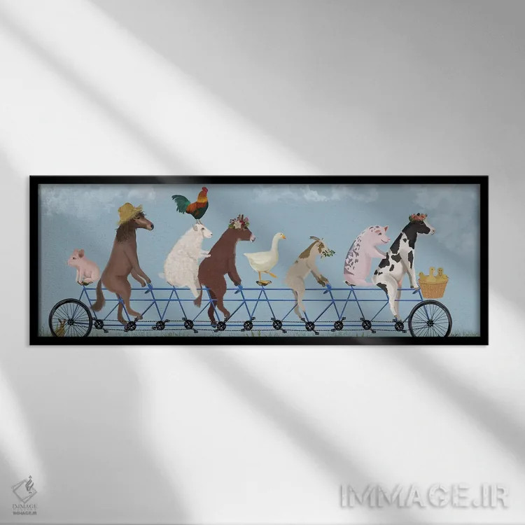 تابلو حیوانات مزرعه دوچرخهسوار دو نفره اثر فب فانکی (استودیو هنری) - نمای قابدار مشکی