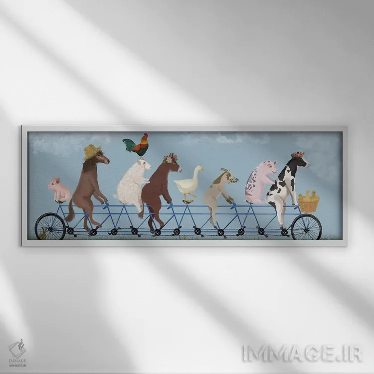 تابلو حیوانات مزرعه دوچرخهسوار دو نفره اثر فب فانکی (استودیو هنری) - نمای قابدار سفید
