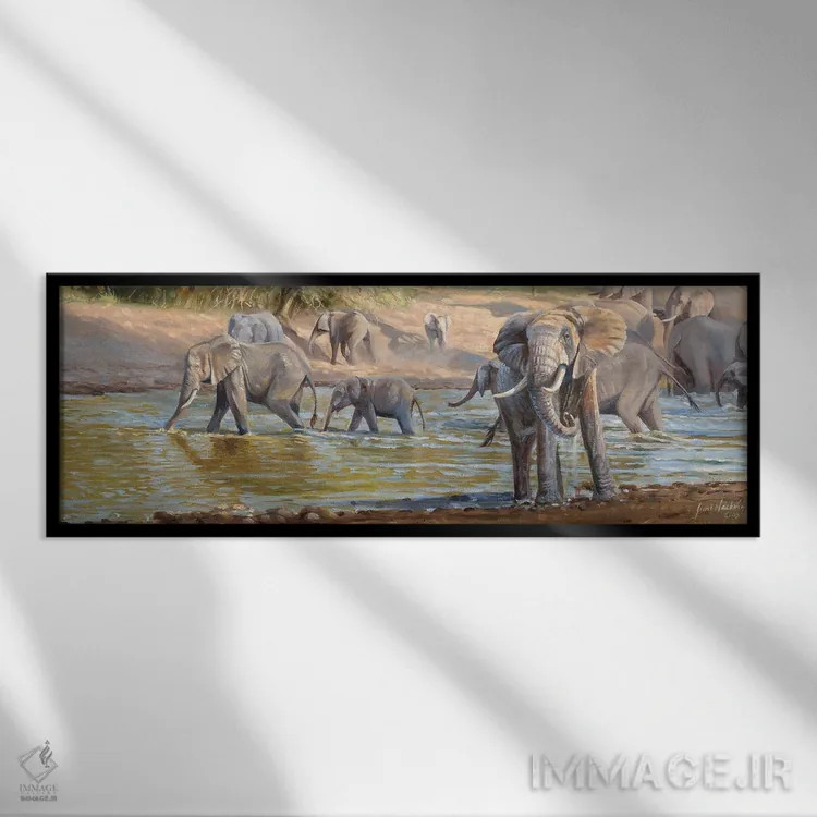 تابلو عبور فیلها اثر گرانت هکینگ - نمای قابدار مشکی