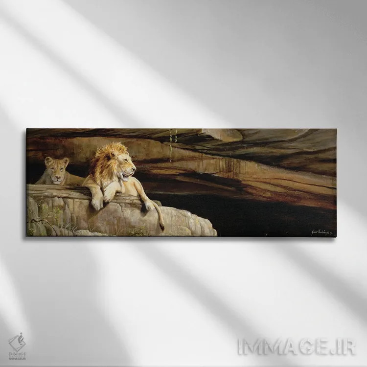 تابلو شیرهای اومفولوزی (پارک ملی در آفریقای جنوبی) اثر گرانت هکینگ - نمای روبهرو روی دیوار