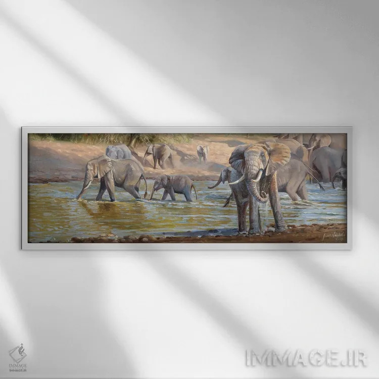 تابلو عبور فیلها اثر گرانت هکینگ - نمای قابدار سفید