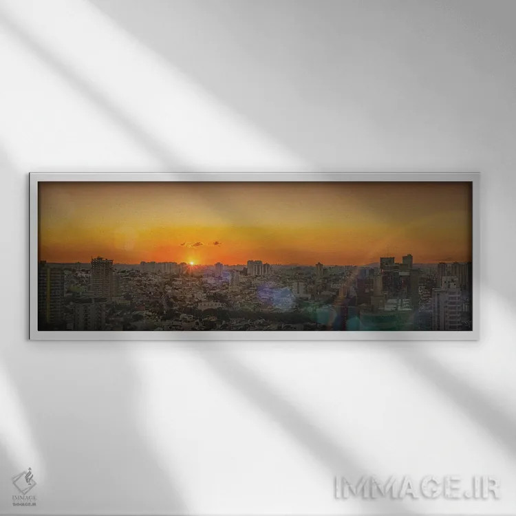 تابلو غروب آفتاب در منظره شهر اثر گلاوکو منهالی - نمای قابدار سفید