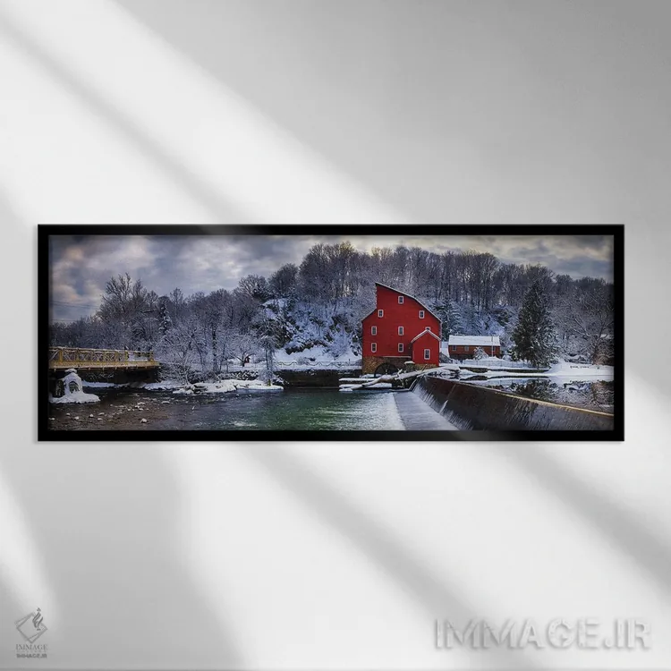 تابلو منظره زمستانی با آسیاب قرمز، کلینتون، نیوجرسی اثر جورج اوزه - نمای قابدار مشکی