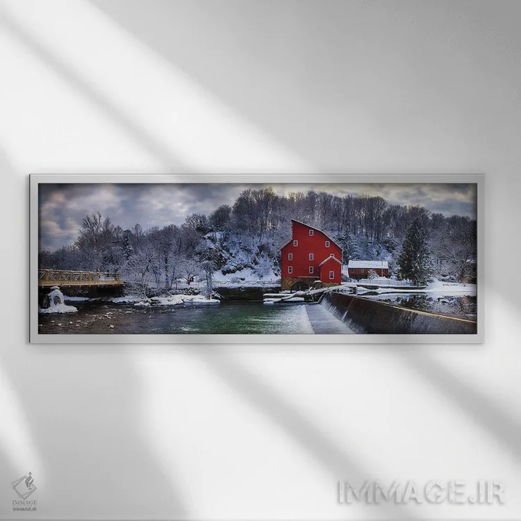 تابلو منظره زمستانی با آسیاب قرمز، کلینتون، نیوجرسی اثر جورج اوزه - نمای قابدار سفید