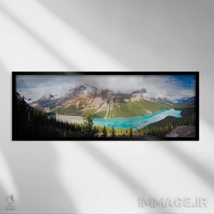 تابلو نمای پانورامای هوایی از دریاچه پیتو، آلبرتا، کانادا اثر جورج اوزه - نمای قابدار مشکی