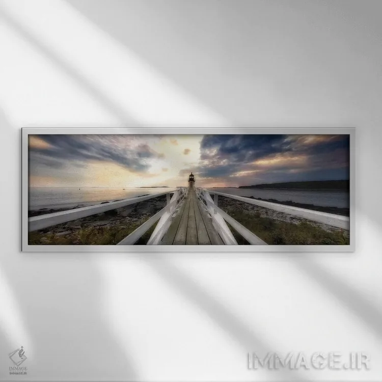 تابلو نمای پانورامایی از فانوس دریایی مارشال پوینت در هنگام غروب، مین اثر جورج اوزه - نمای قابدار سفید