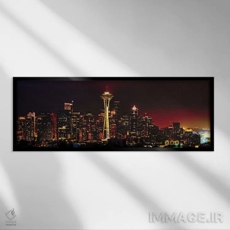 تابلو پانورامای خط افق سیاتل در شب اثر جورج اوزه - نمای قابدار مشکی