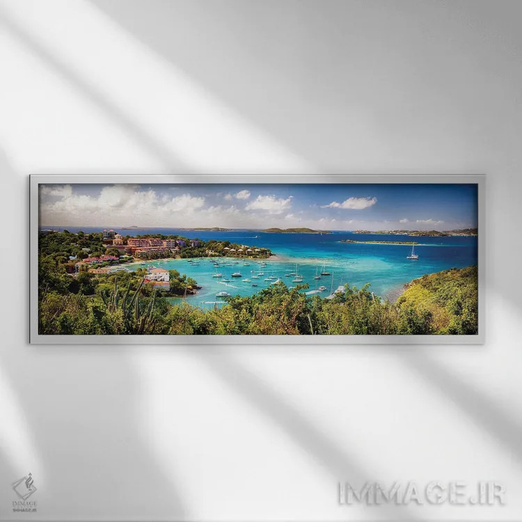 تابلو نمای پانوراما از بندر کروز بی، سنت جان، جزایر ویرجین آمریکا اثر جورج اوزه - نمای قابدار سفید