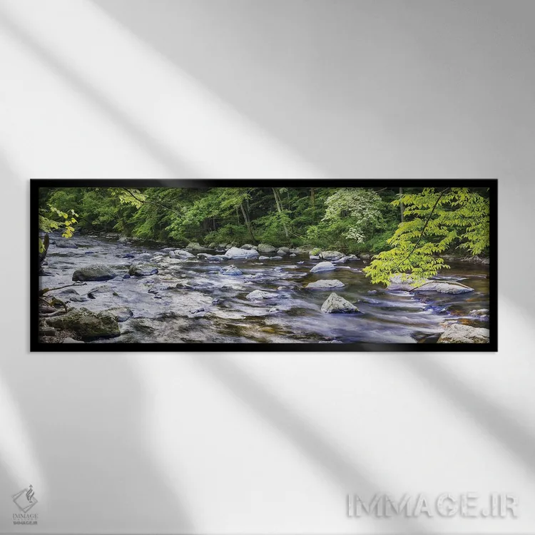 تابلو رودخانه سنگی در جنگل سرسبز، نیوجرسی اثر جورج اوزه - نمای قابدار مشکی