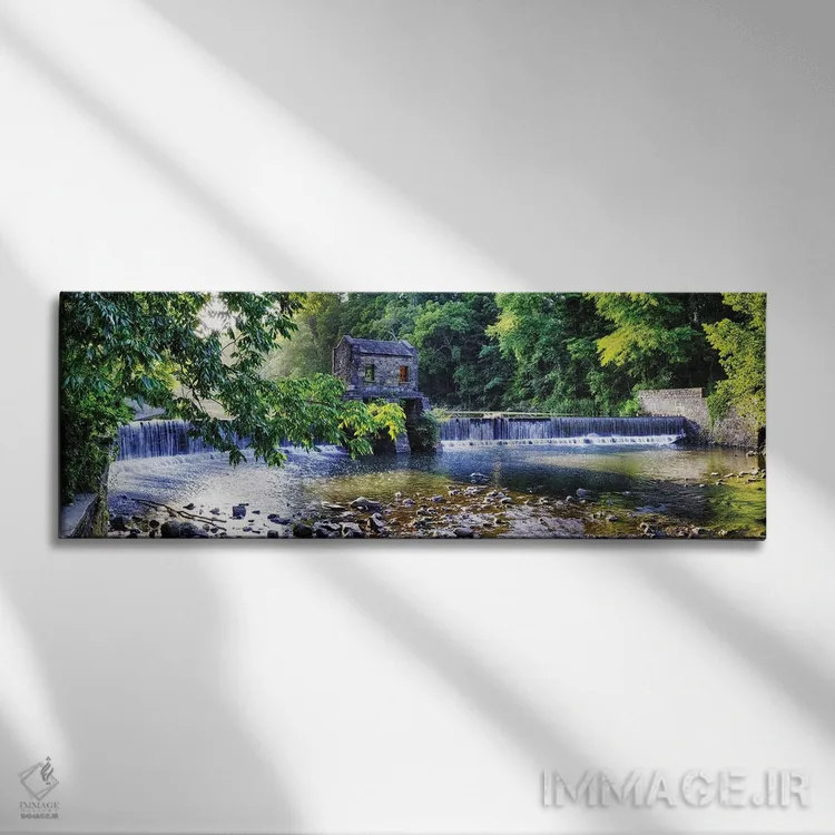 تابلو سد قدیمی با آبشار روی رودخانه ویپنی، پارک دریاچه اسپیدول، موریستاون، نیوجرسی اثر جورج اوزه - نمای روبهرو روی دیوار
