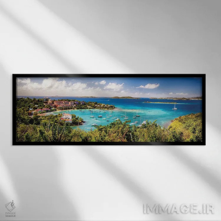 تابلو نمای پانوراما از بندر کروز بی، سنت جان، جزایر ویرجین آمریکا اثر جورج اوزه - نمای قابدار مشکی