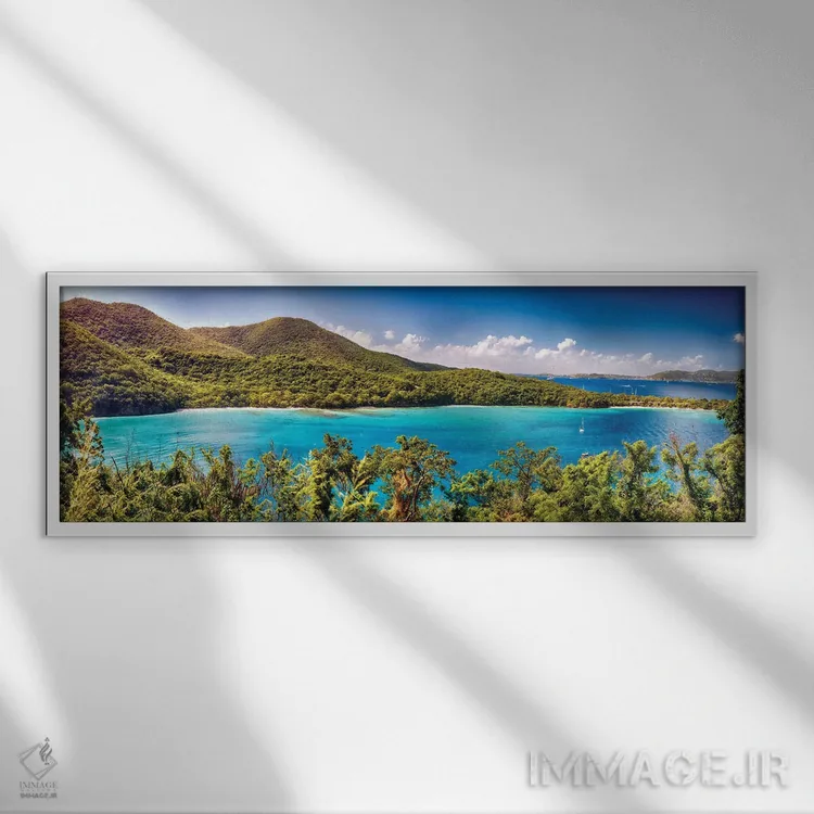 تابلو نمای پانوراما از خلیج هاوکنست، سنت جان، جزایر ویرجین آمریکا اثر جورج اوزه - نمای قابدار سفید