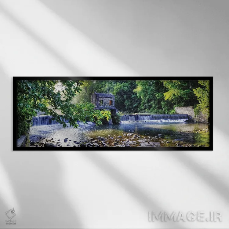 تابلو سد قدیمی با آبشار روی رودخانه ویپنی، پارک دریاچه اسپیدول، موریستاون، نیوجرسی اثر جورج اوزه - نمای قابدار مشکی