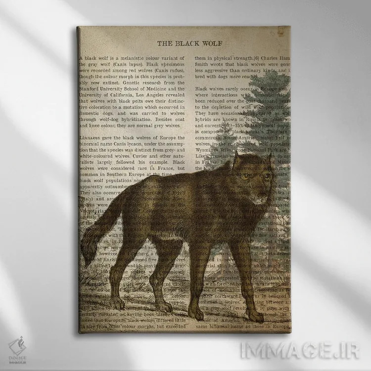 تابلو چاپ وینتیج گرگ سیاه اثر پیکسل کهنه (استودیو/نام هنری) - نمای روبهرو روی دیوار