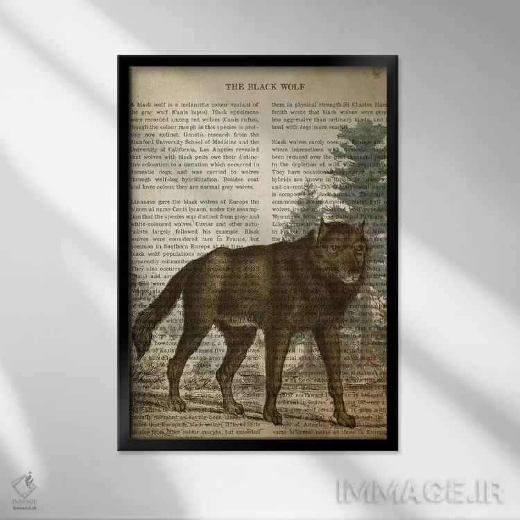 تابلو چاپ وینتیج گرگ سیاه اثر پیکسل کهنه (استودیو/نام هنری) - نمای قابدار مشکی