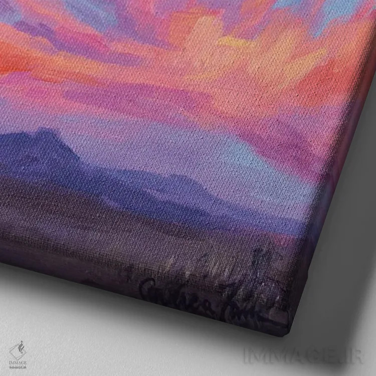 تابلو کوههای دوردست زیر آسمانهای شربتی اثر آندریا فِیرفرویس - نمای نزدیک بافت بوم