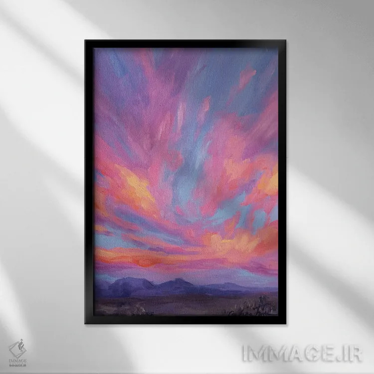 تابلو کوههای دوردست زیر آسمانهای شربتی اثر آندریا فِیرفرویس - نمای قابدار مشکی