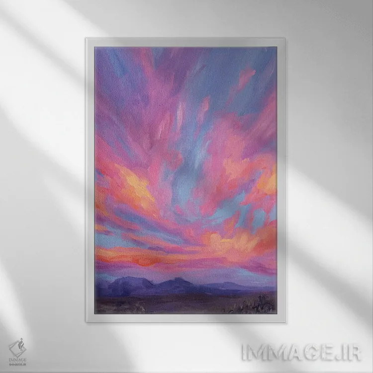 تابلو کوههای دوردست زیر آسمانهای شربتی اثر آندریا فِیرفرویس - نمای قابدار سفید