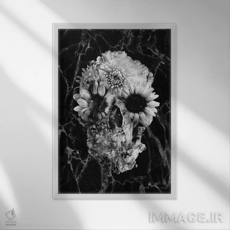 تابلو جمجمه گلدار شماره ۲ اثر علی گولچ - نمای قابدار سفید