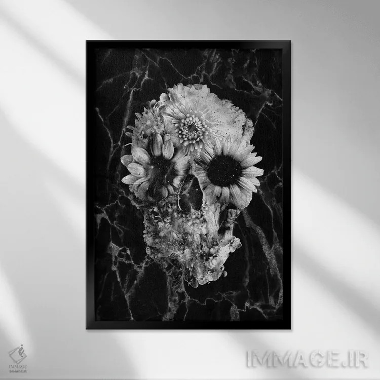 تابلو جمجمه گلدار شماره ۲ اثر علی گولچ - نمای قابدار مشکی