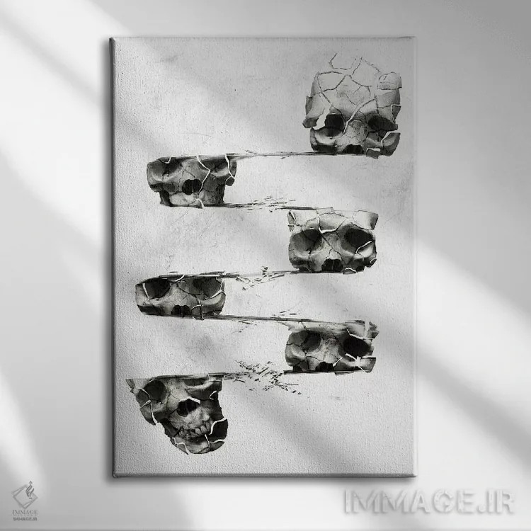 تابلو جمجمه تحریفشده اثر علی گولچ - نمای روبهرو روی دیوار