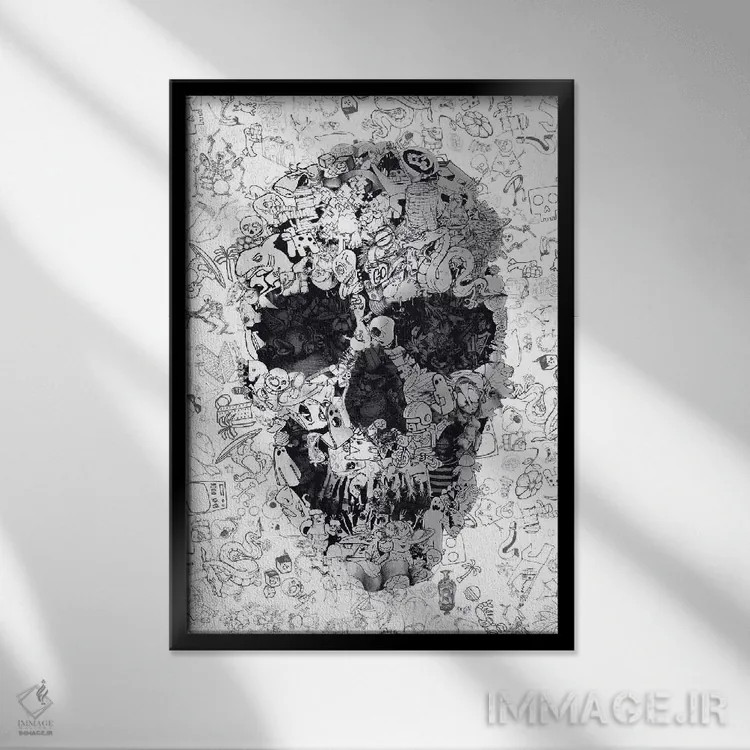 تابلو جمجمه خطخطی اثر علی گولچ - نمای قابدار مشکی