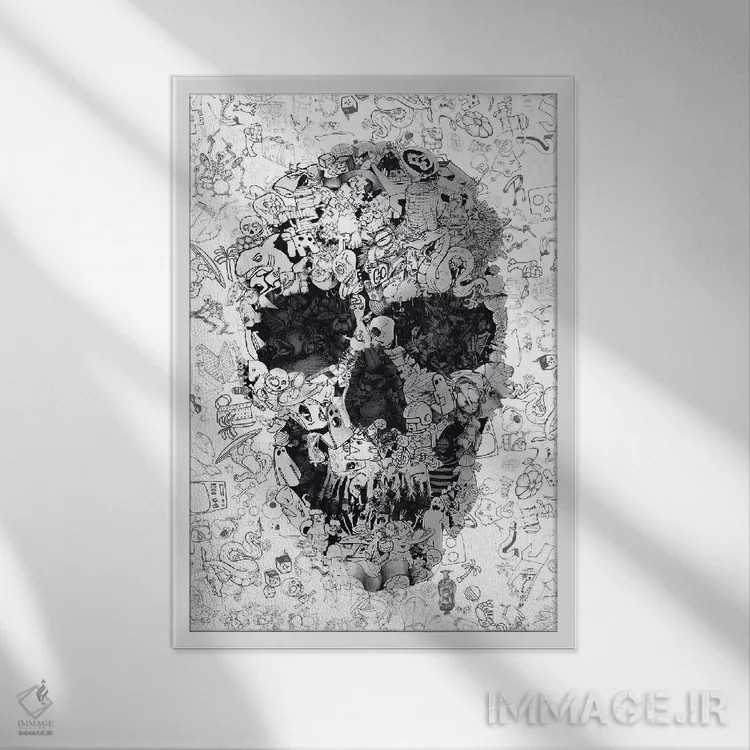 تابلو جمجمه خطخطی اثر علی گولچ - نمای قابدار سفید