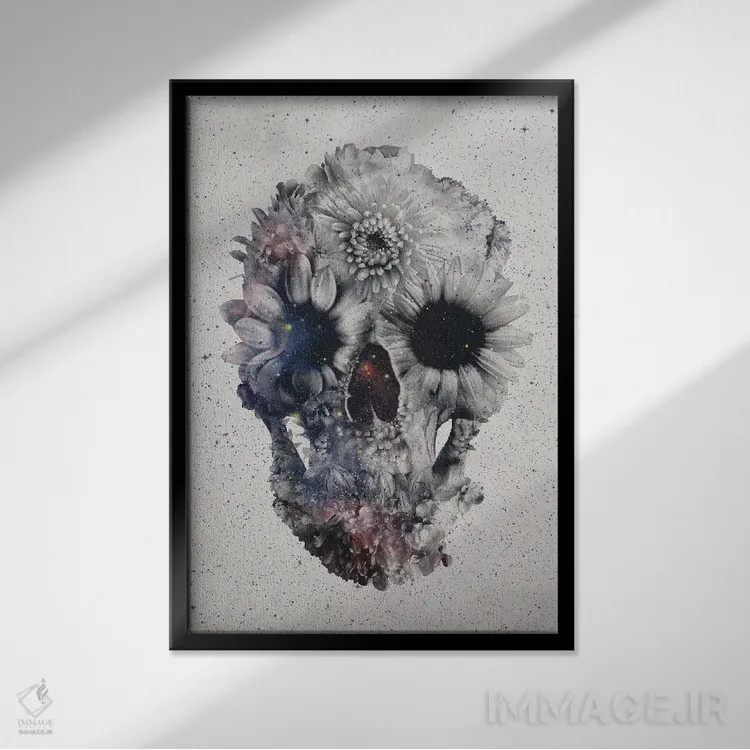 تابلو جمجمه گلدار شماره ۲ اثر علی گولچ - نمای قابدار مشکی