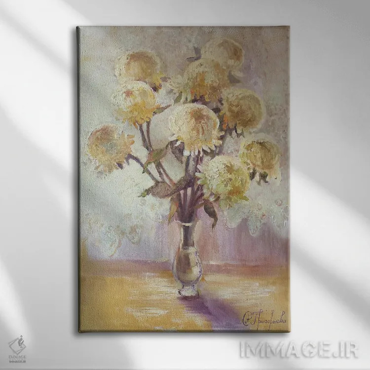 تابلو ۹ گل داوودی اثر آناستاسیا گریگوریوا - نمای روبهرو روی دیوار