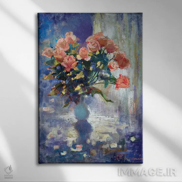 تابلو رزها در زمستان اثر آناستاسیا گریگوریوا - نمای روبهرو روی دیوار
