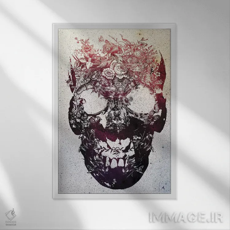 تابلو جمجمه گلدار اثر علی گولچ - نمای قابدار سفید