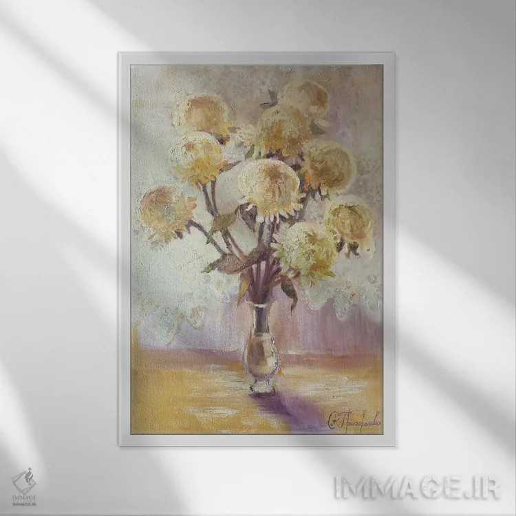 تابلو ۹ گل داوودی اثر آناستاسیا گریگوریوا - نمای قابدار سفید