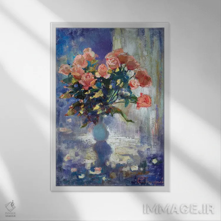 تابلو رزها در زمستان اثر آناستاسیا گریگوریوا - نمای قابدار سفید