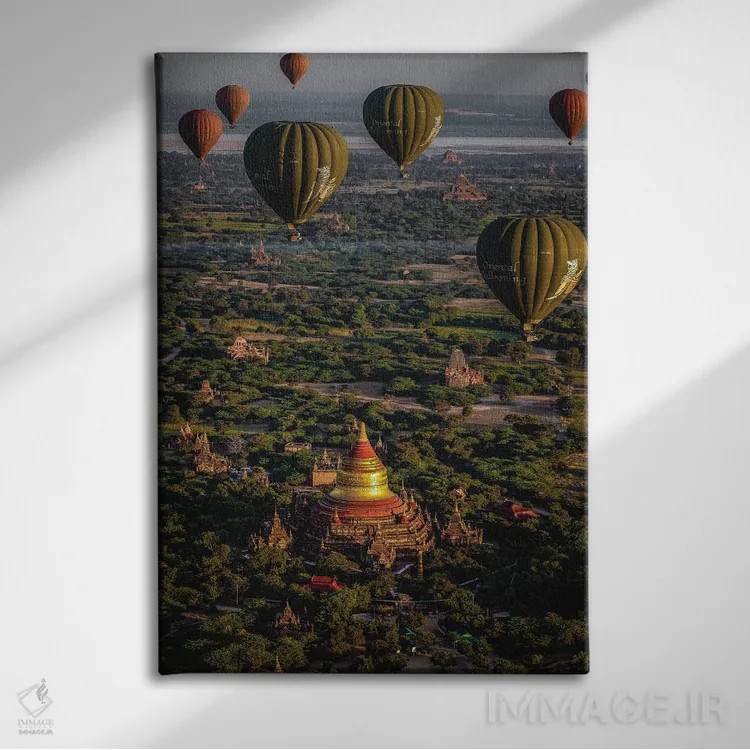 تابلو معبدهای باگان قدیم با بالن هوای گرم میانمار (قسمت دوم) اثر الکس جی پرز - نمای روبهرو روی دیوار
