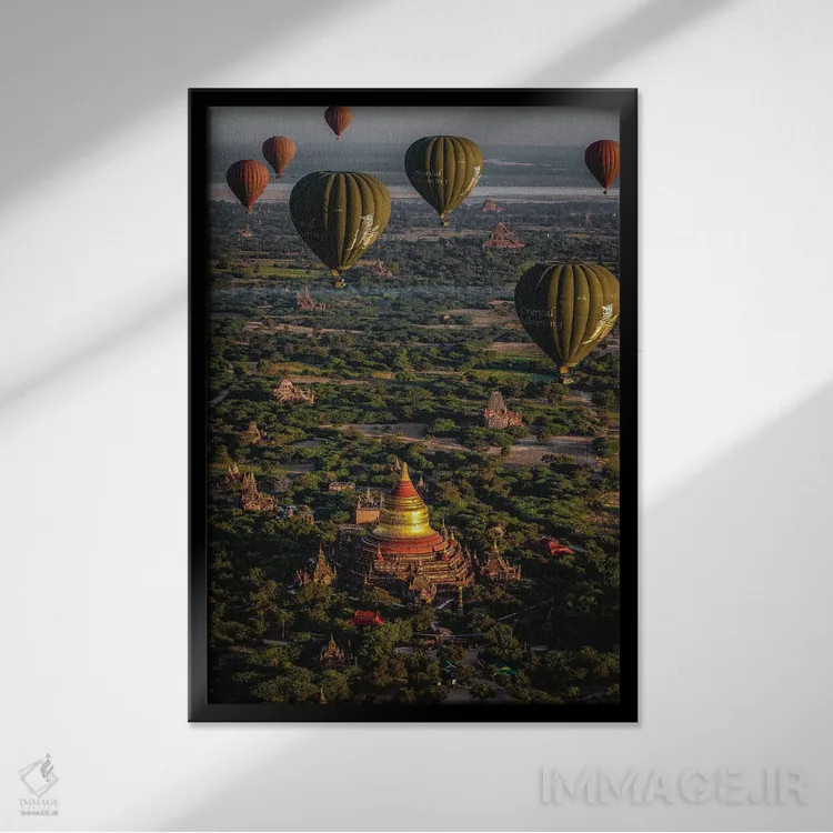 تابلو معبدهای باگان قدیم با بالن هوای گرم میانمار (قسمت دوم) اثر الکس جی پرز - نمای قابدار مشکی