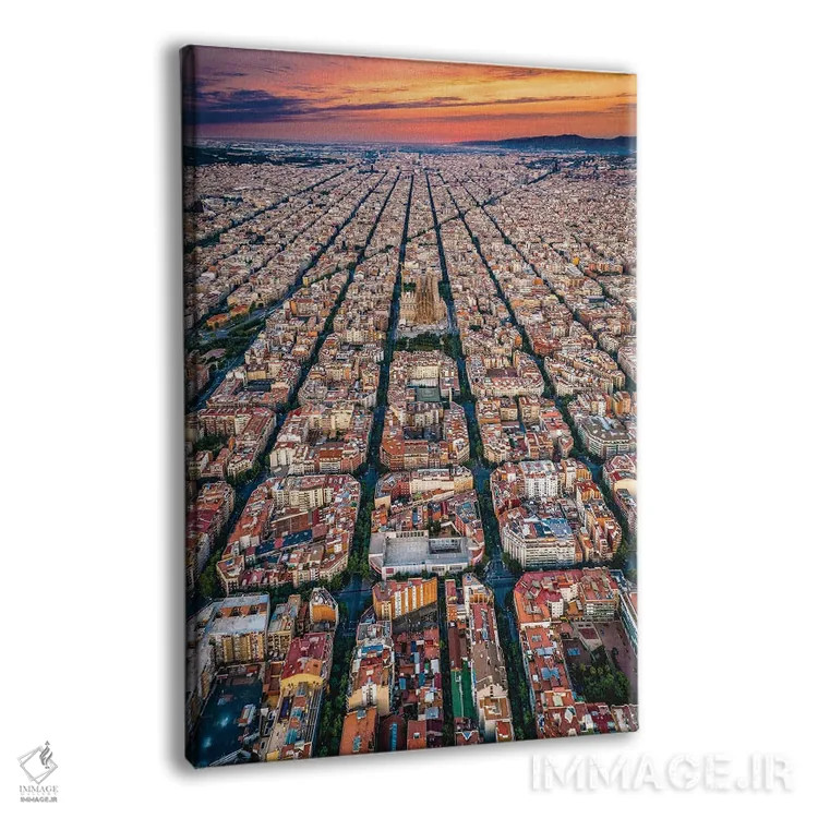 تابلو غروب شهر بارسلونا اسپانیا از بالا (الگوی شبکهای شهری) اثر الکس جی پرز - نمای پرسپکتیو محصول