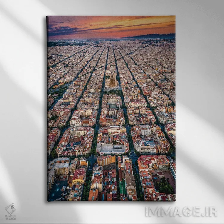 تابلو غروب شهر بارسلونا اسپانیا از بالا (الگوی شبکهای شهری) اثر الکس جی پرز - نمای روبهرو روی دیوار