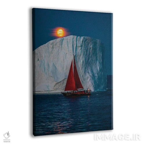 تابلو قایق بادبانی قرمز کنار کوه یخی گرینلند با ماه کامل سرخ (قسمت دوم) اثر الکس جی پرز - نمای پرسپکتیو محصول