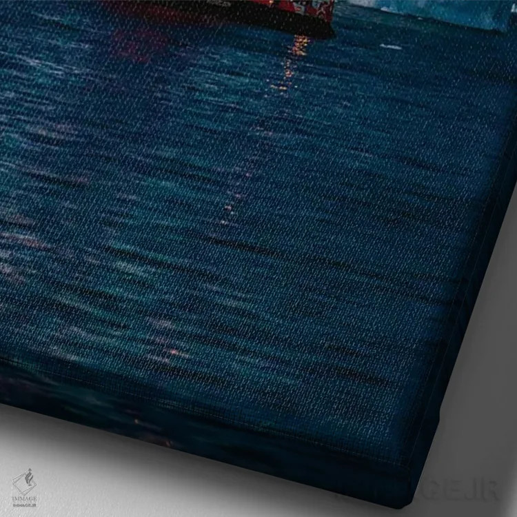 تابلو قایق بادبانی قرمز کنار کوه یخی گرینلند با ماه کامل سرخ (قسمت دوم) اثر الکس جی پرز - نمای نزدیک بافت بوم