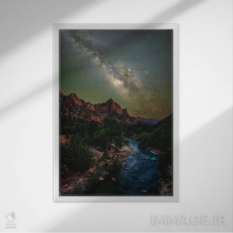 تابلو پیادهروی در پارک ملی زایون، راه شیری و شب پرستاره (۲) اثر الکس جی پرز - نمای قابدار سفید