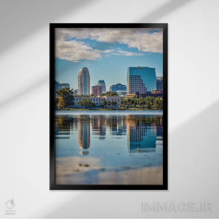 تابلو نمای افقی مرکز شهر اورلاندو فلوریدا و دریاچه (۵) اثر الکس جی پرز - نمای قابدار مشکی