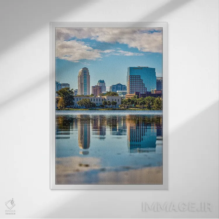 تابلو نمای افقی مرکز شهر اورلاندو فلوریدا و دریاچه (۵) اثر الکس جی پرز - نمای قابدار سفید